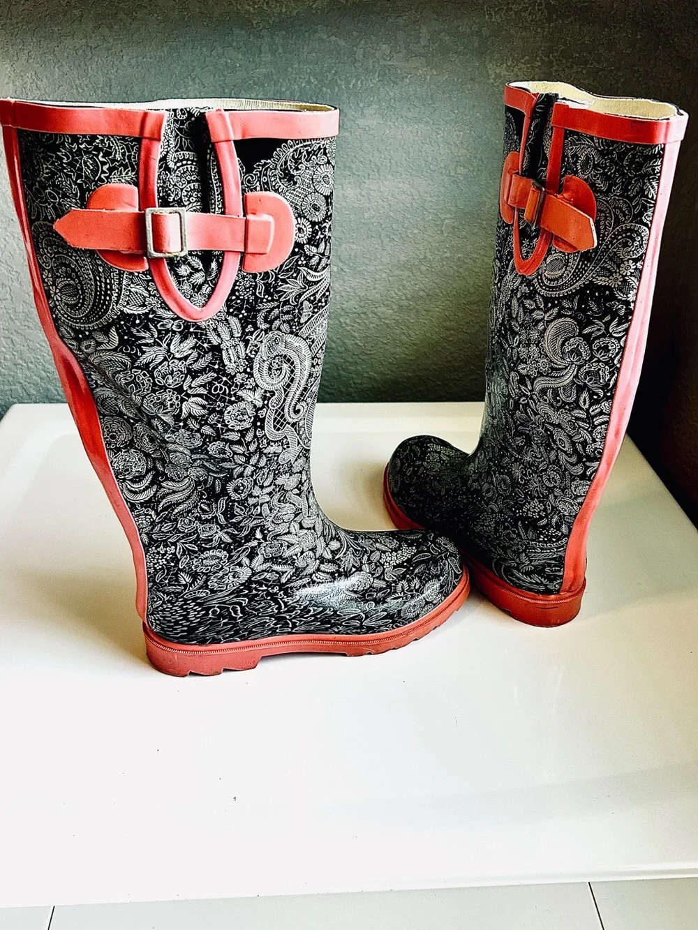 CAPELLI NY Vintage Y2K Boho Black Pink Floral Paisley Wellies Tall Rain Boots 7